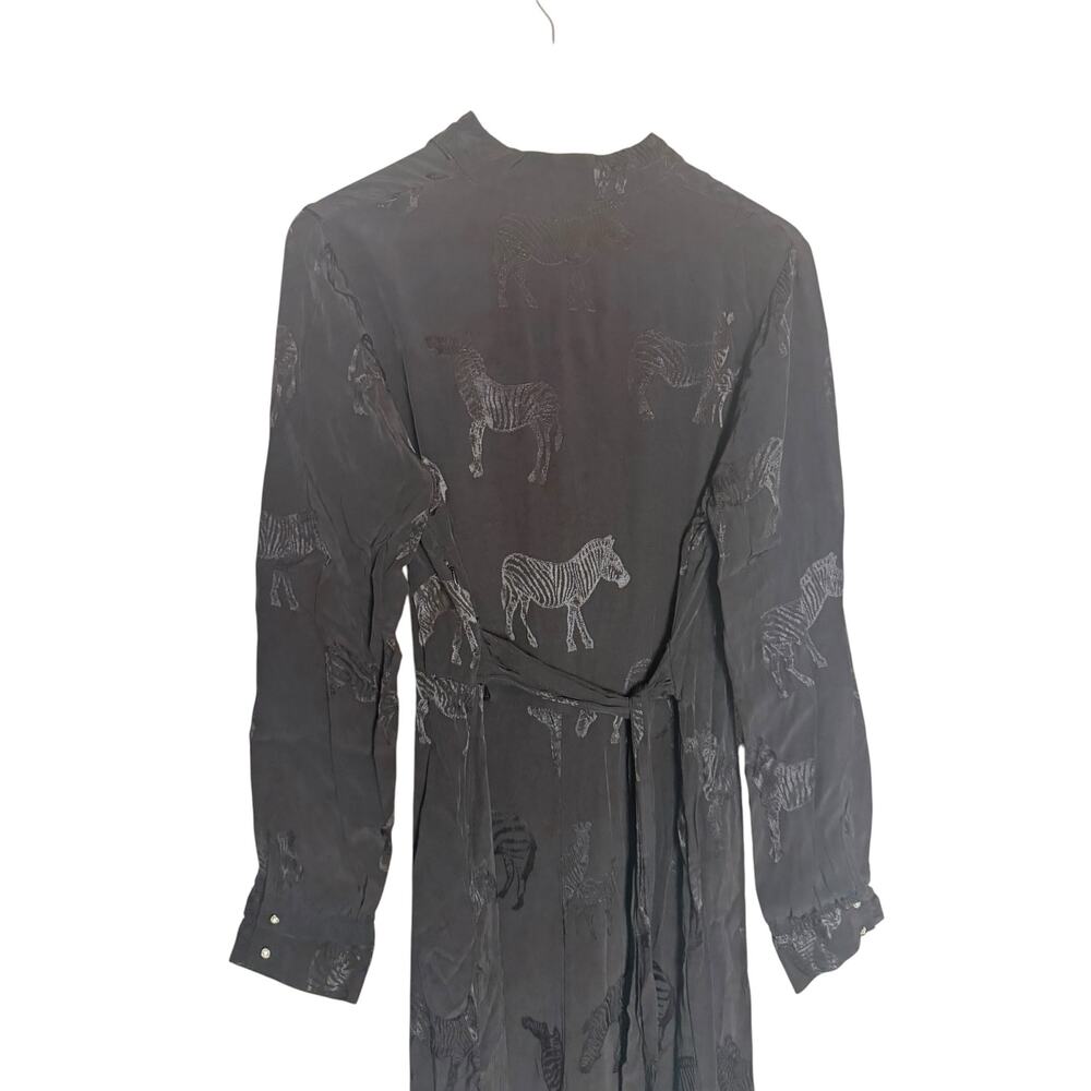 Black Tonal Zebra Print Long Sleeve Asymmetric Button Tie Waist Maxi Dress M - Picture 4 of 7